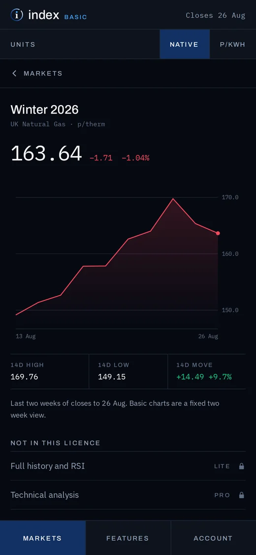 Index Basic: one contract with two weeks of closes